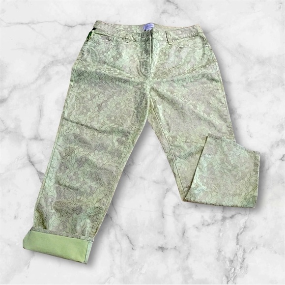 Chicos Shimmer Gold & Light Green Lace Women Cropped Pants size 1 - Picture 1 of 12